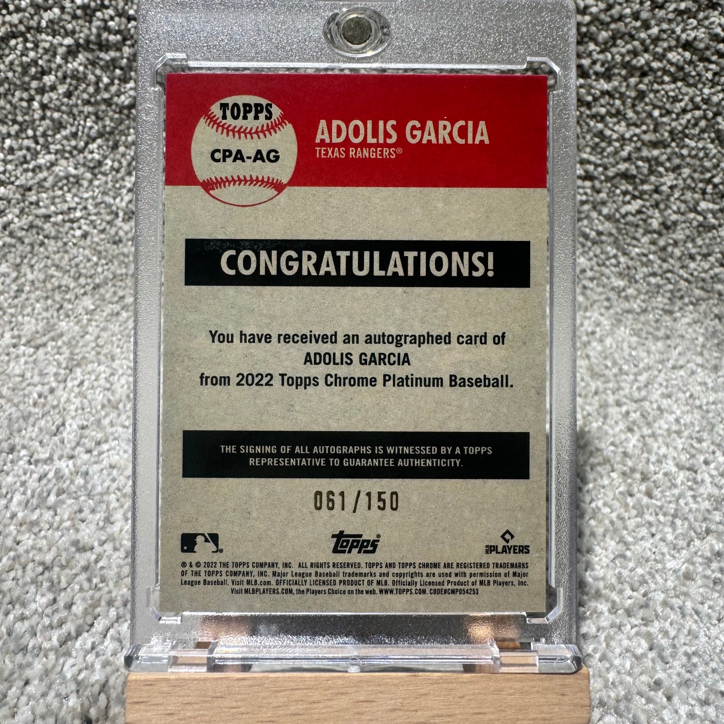 2022 Topps Chrome Platinum Adolis Garcia On Card Auto Aqua /150